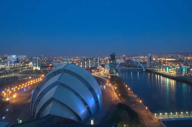 Looking East along the River Clyde above the old Heliport towards the SECC Armadillo by night - Picture Copyright Dr Mark Davidson